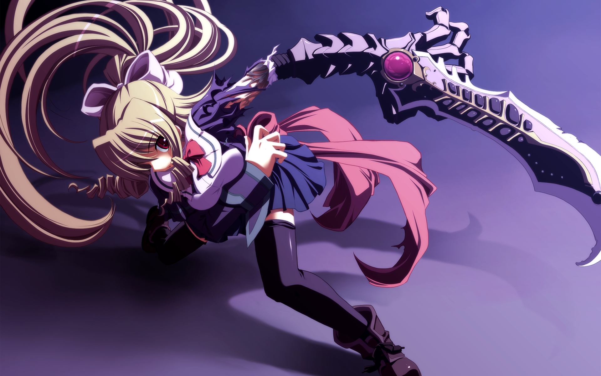 asanami_miori, blonde_hair, bow, red_eyes, shirogane_no_soleil, skyfish, tsurugi_hagane, weapon