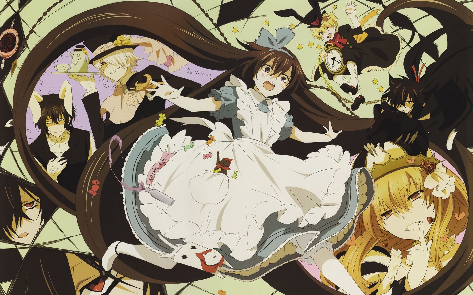 alice_(pandora_hearts), animal_ears, blonde_hair, cheshire_cat, emily_(pandora_hearts), gilbert_nightray, jpeg_artifacts, oz_vessalius, pandora_hearts, xerxes_break