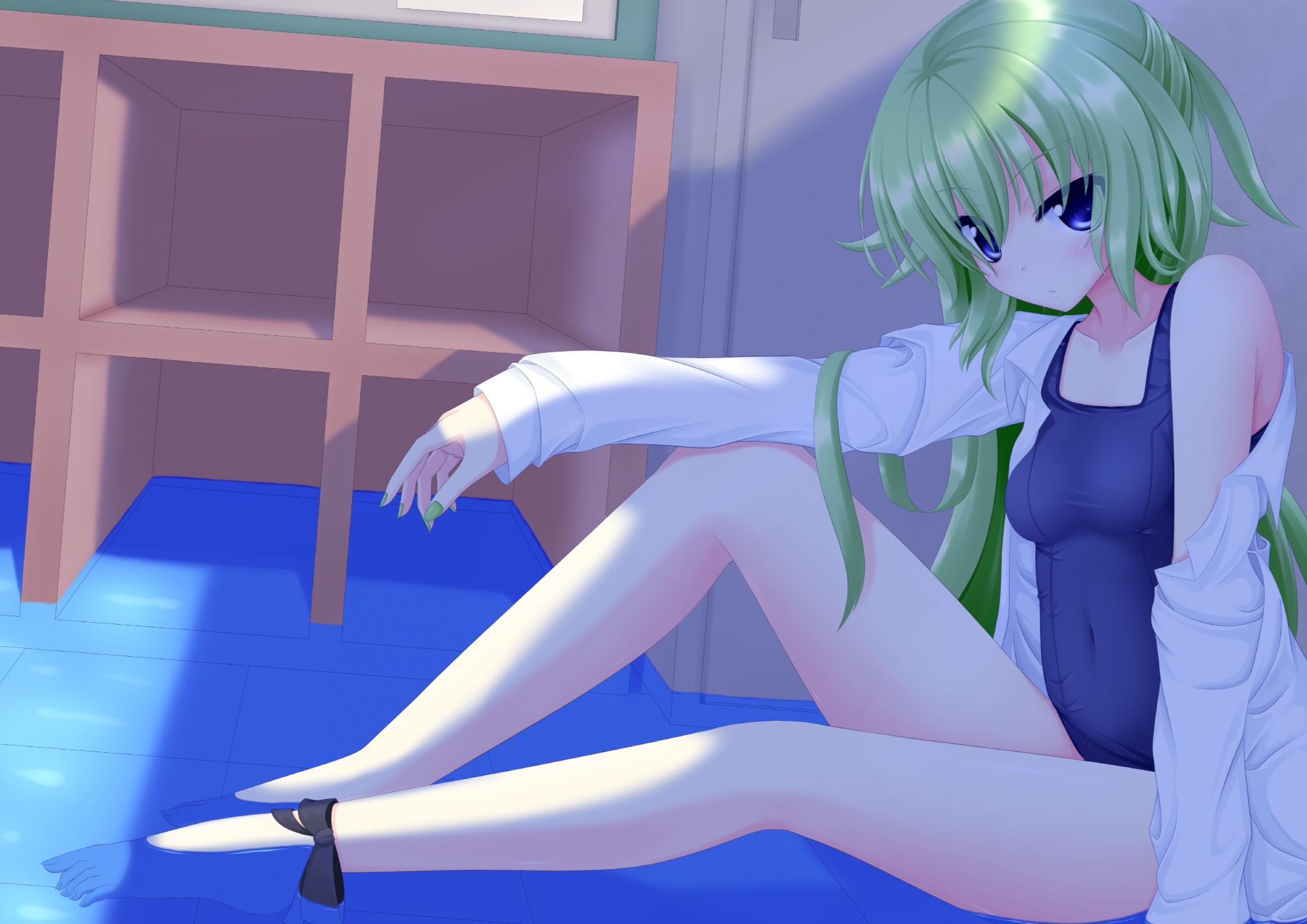 barefoot, blue_eyes, green_hair, long_hair, masiroke, open_shirt, swimsuit, tagme