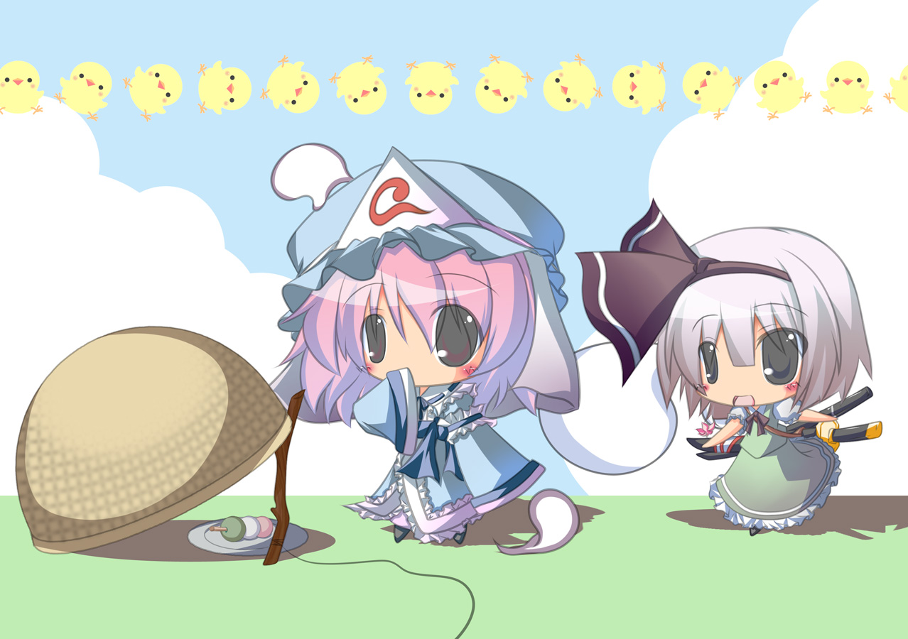 chibi, katana, konpaku_youmu, myon, plus9, saigyouji_yuyuko, sword, touhou