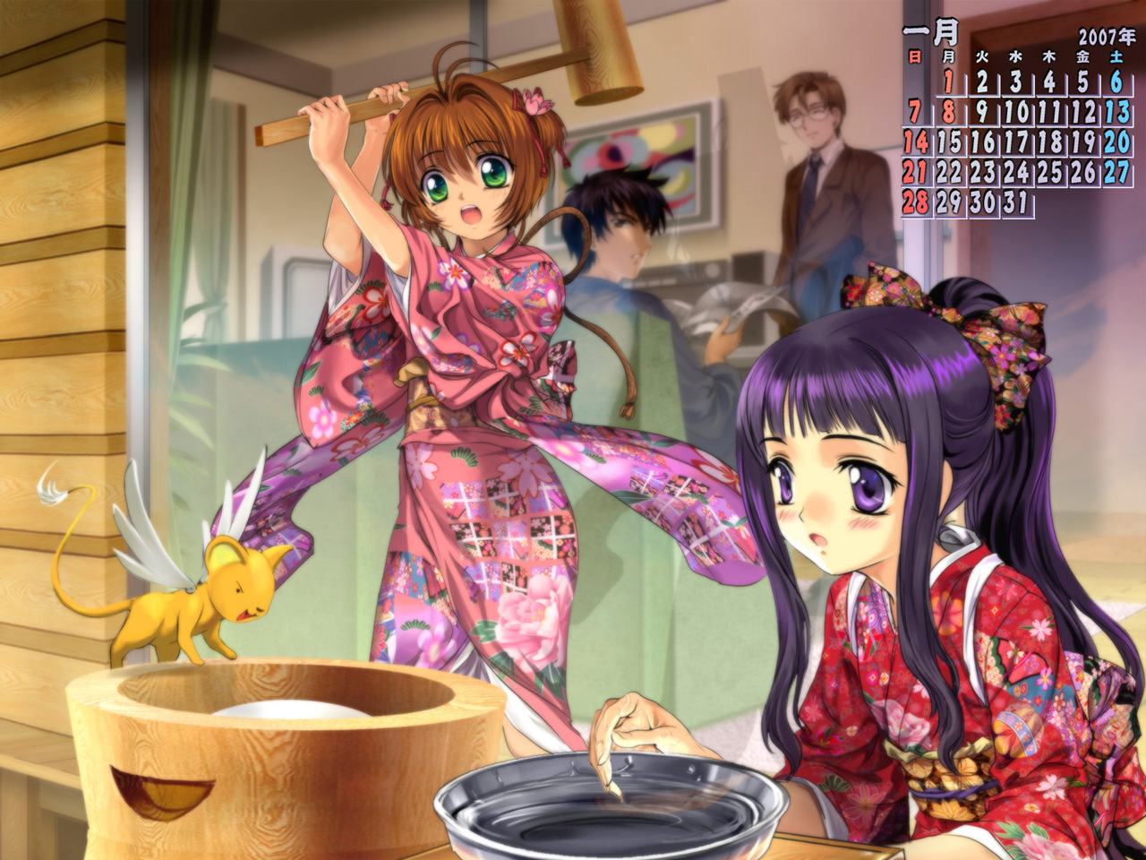 calendar, card_captor_sakura, daidouji_tomoyo, kero, kinomoto_fujitaka, kinomoto_sakura, kinomoto_touya, moonknives