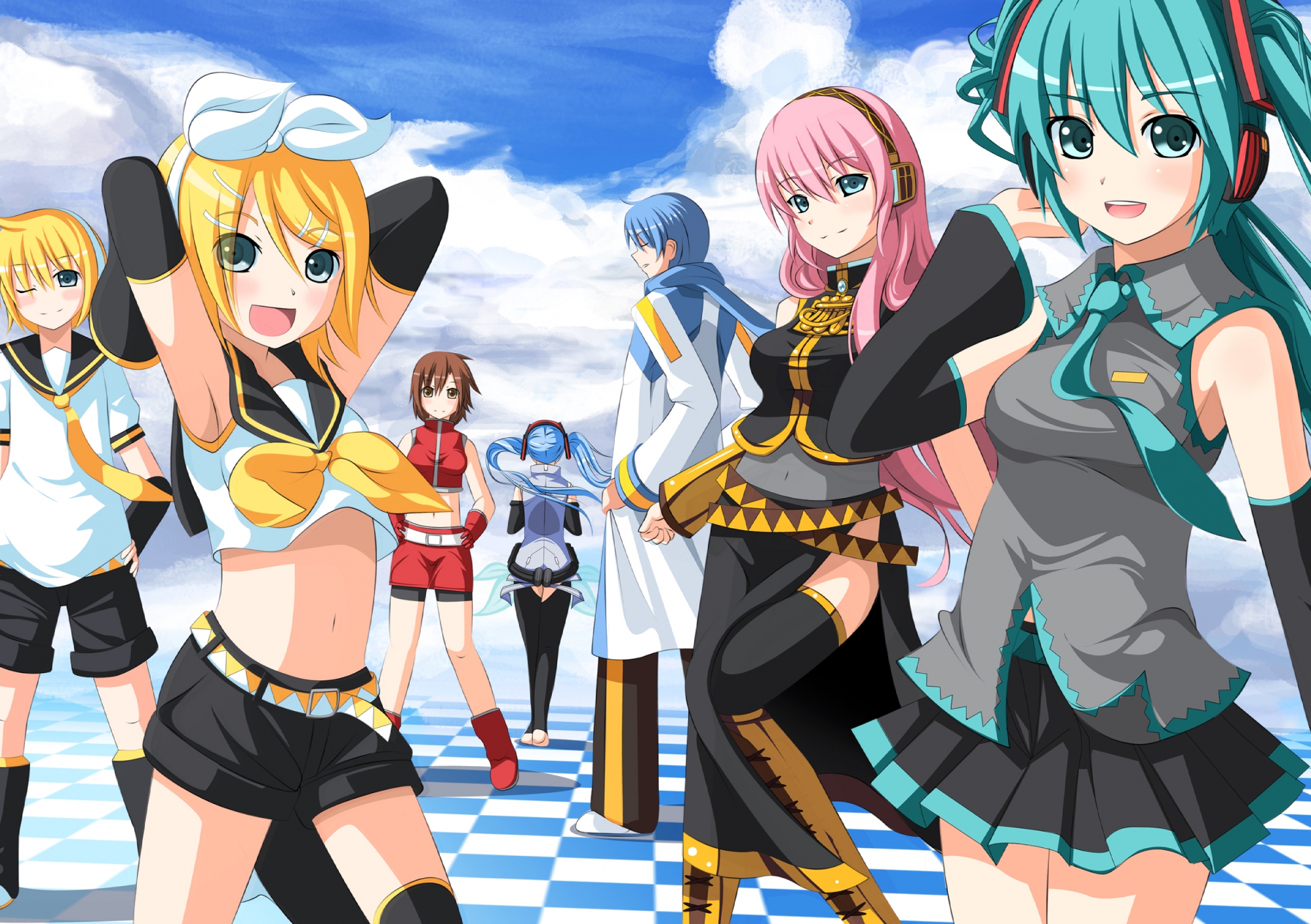 group, hatsune_miku, kagamine_len, kagamine_rin, kaito, male, megurine_luka, meiko, miku_append, twintails, vocaloid, yakitori-oni