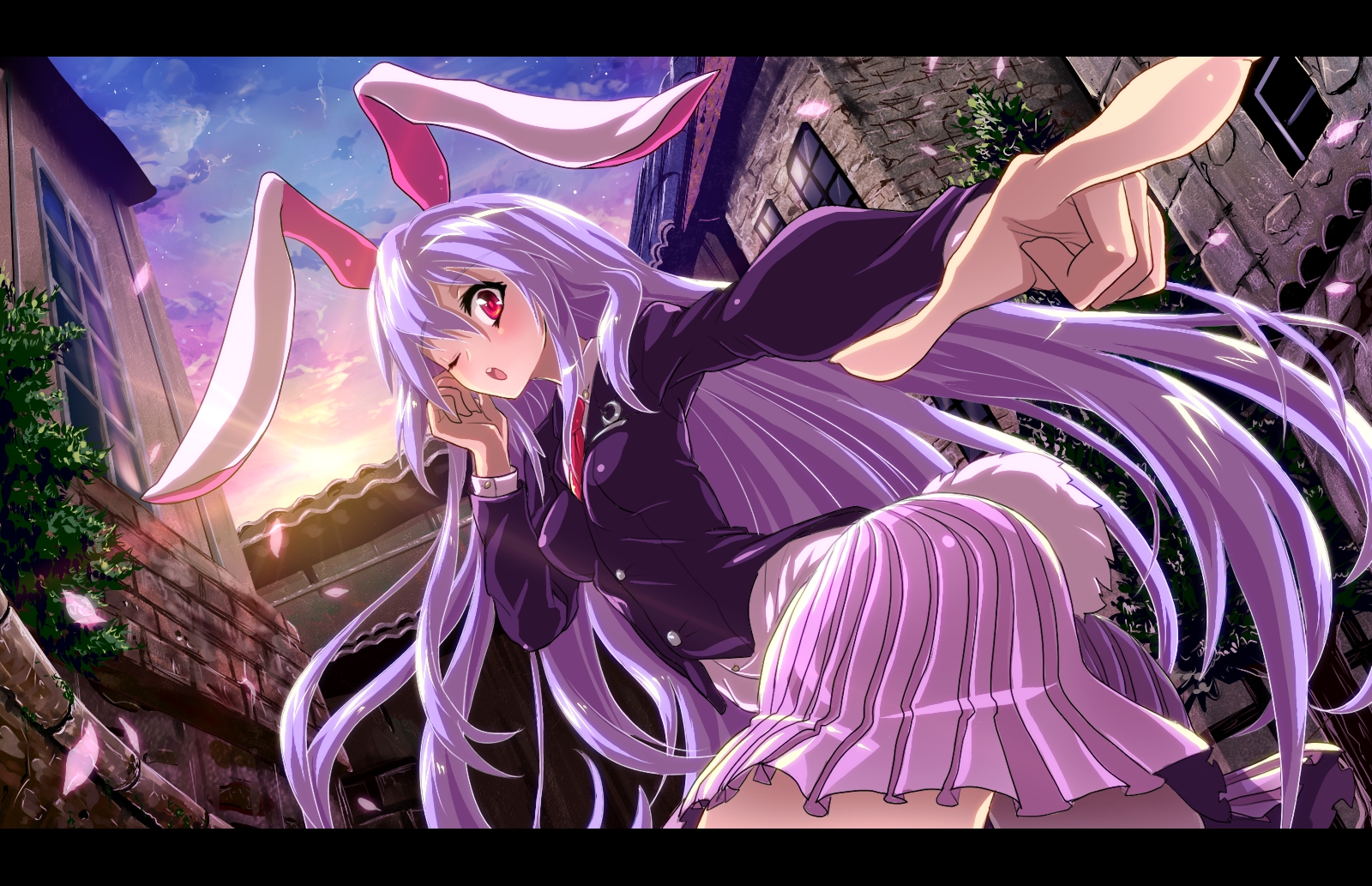 animal_ears, blush, bunny_ears, bunnygirl, kabutoyama, long_hair, purple_hair, red_eyes, reisen_udongein_inaba, skirt, sky, suit, touhou, wink