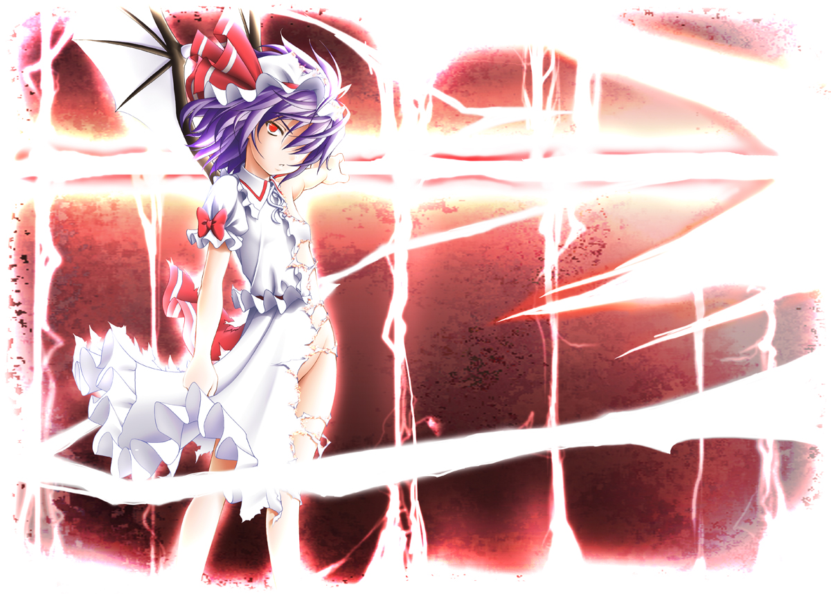 purple_hair, red_eyes, remilia_scarlet, short_hair, sin-go, torn_clothes, touhou, vampire, weapon