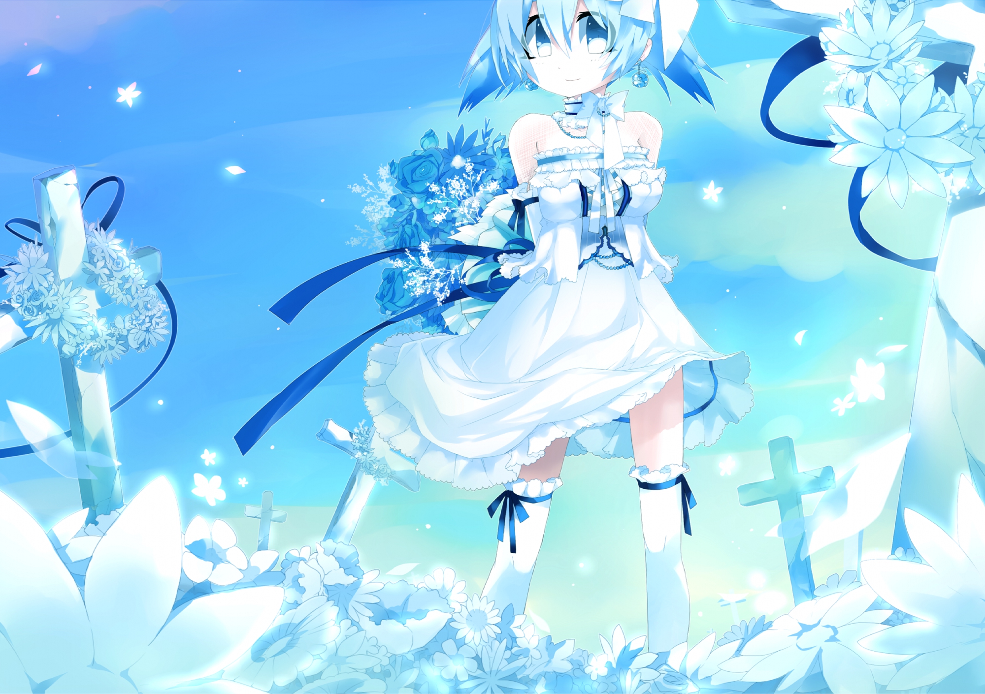 blue_eyes, blue_hair, flowers, mizushirazu, original, polychromatic