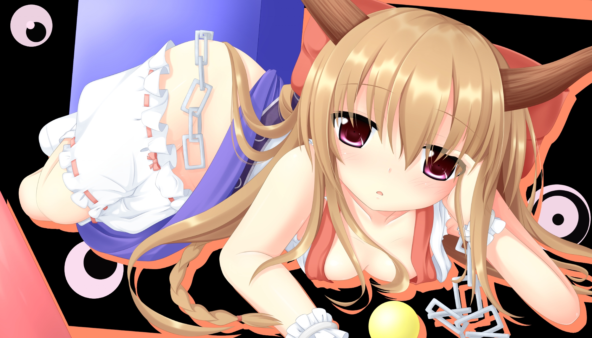 brown_hair, chain, horns, ibuki_suika, masiroke, red_eyes, touhou