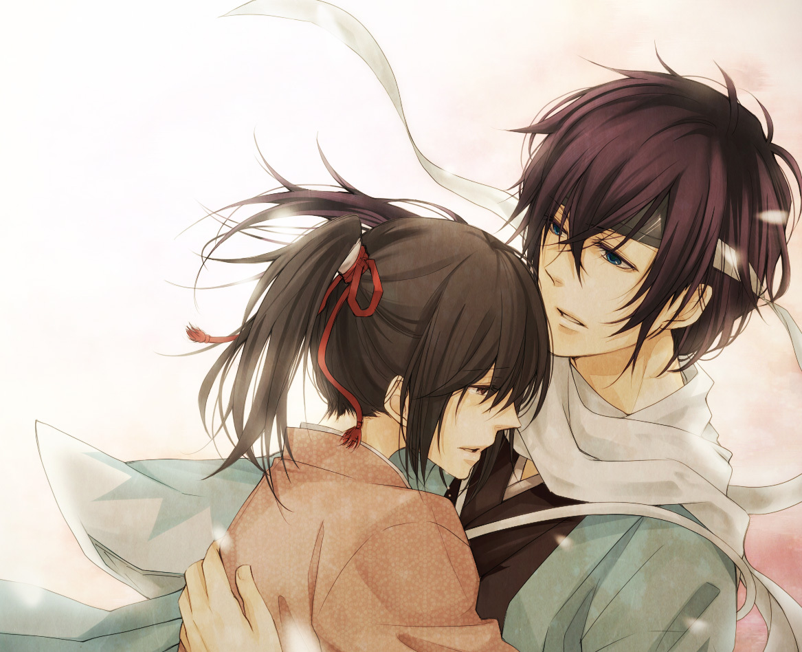 blue_eyes, brown_eyes, brown_hair, hakuouki_shinsengumi_kitan, hug, japanese_clothes, kimono, male