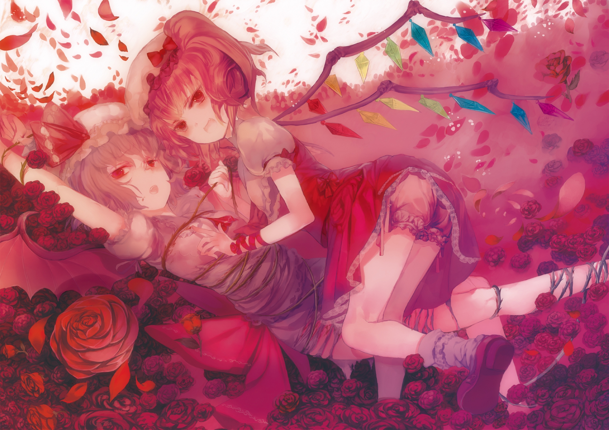 2girls, blood, bloomers, bondage, dress, fang, flandre_scarlet, flowers