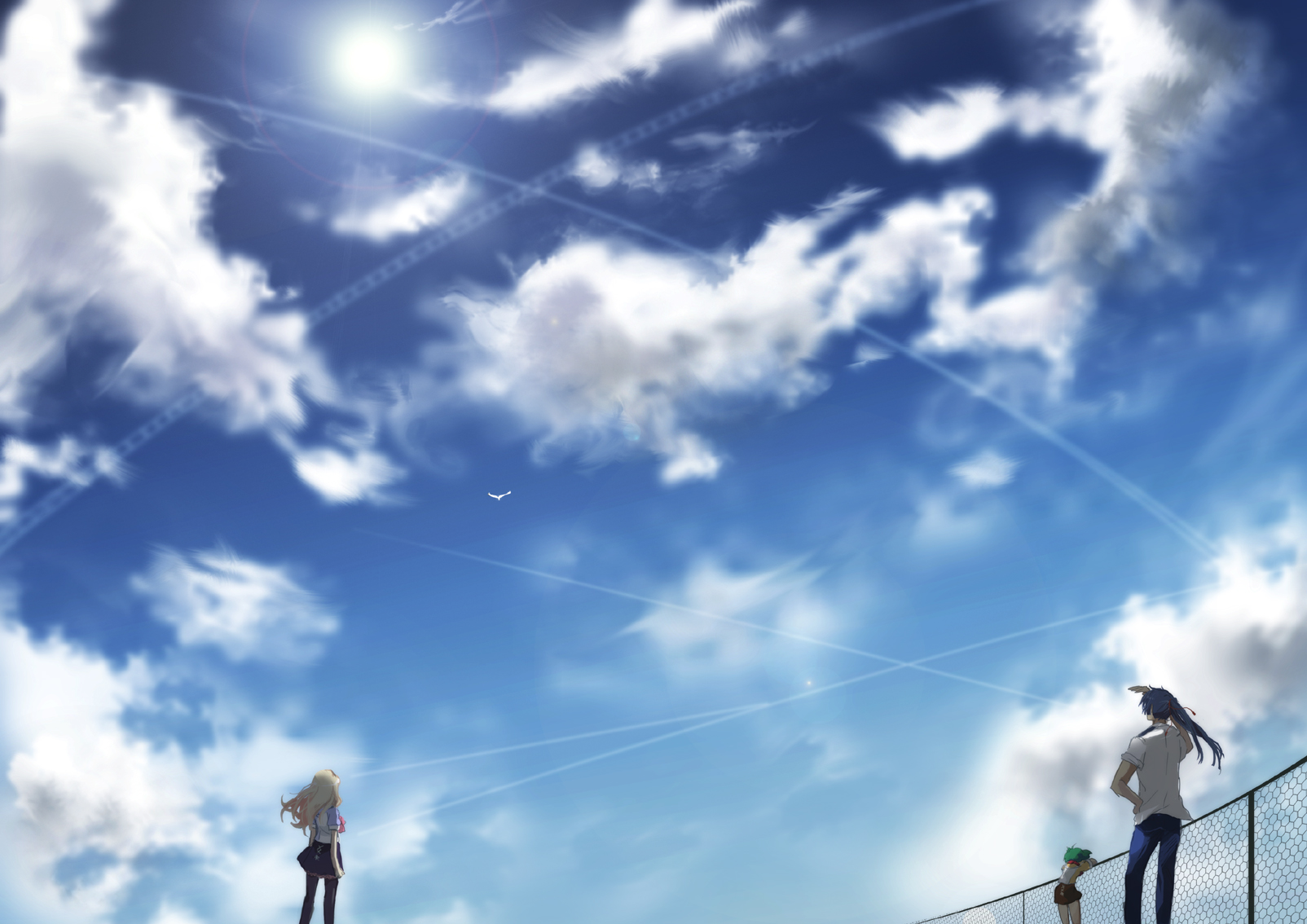 animal, bird, blonde_hair, blue_hair, clouds, gen_(enji), green_hair, landscape, macross, macross_frontier, male, ponytail, ranka_lee, saotome_alto, scenic, sheryl_nome, sky