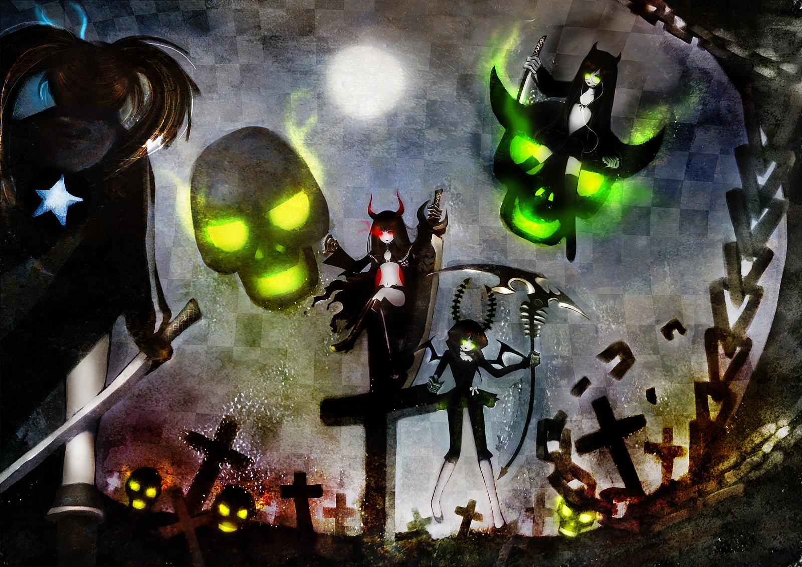 black_devil_girl, black_hair, black_rock_shooter, boots, chain, cross, glasses, green_eyes