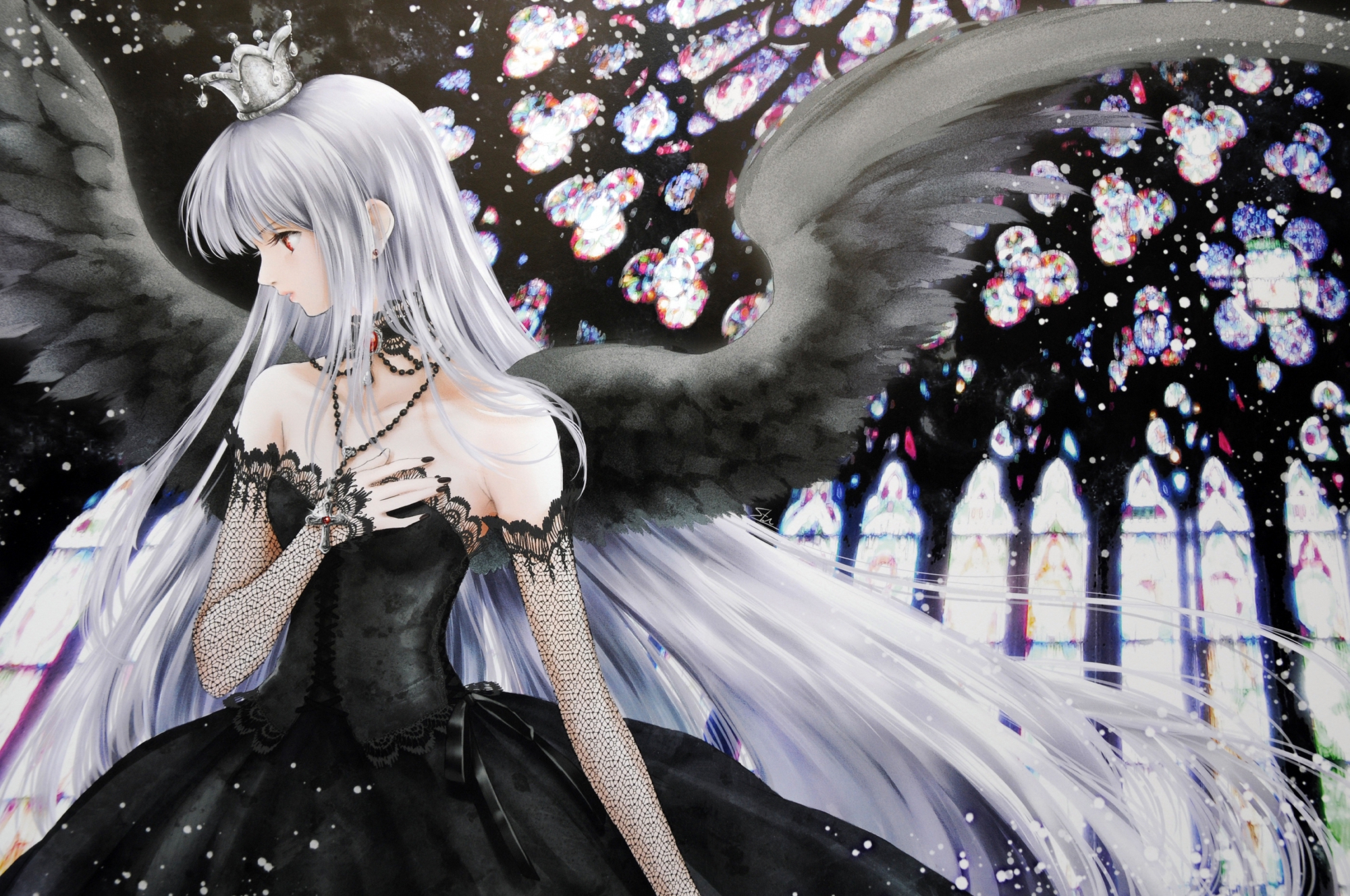 dress, gothic, gray_hair, long_hair, original, red_eyes, scan, shiitake, wings