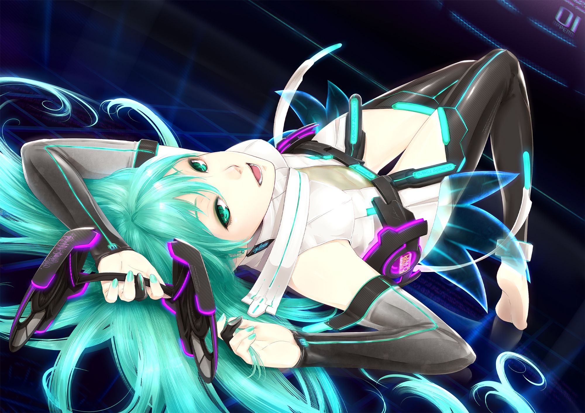 aqua_eyes, aqua_hair, barefoot, fuyuno_yuuki, hatsune_miku, headphones, long_hair, miku_append