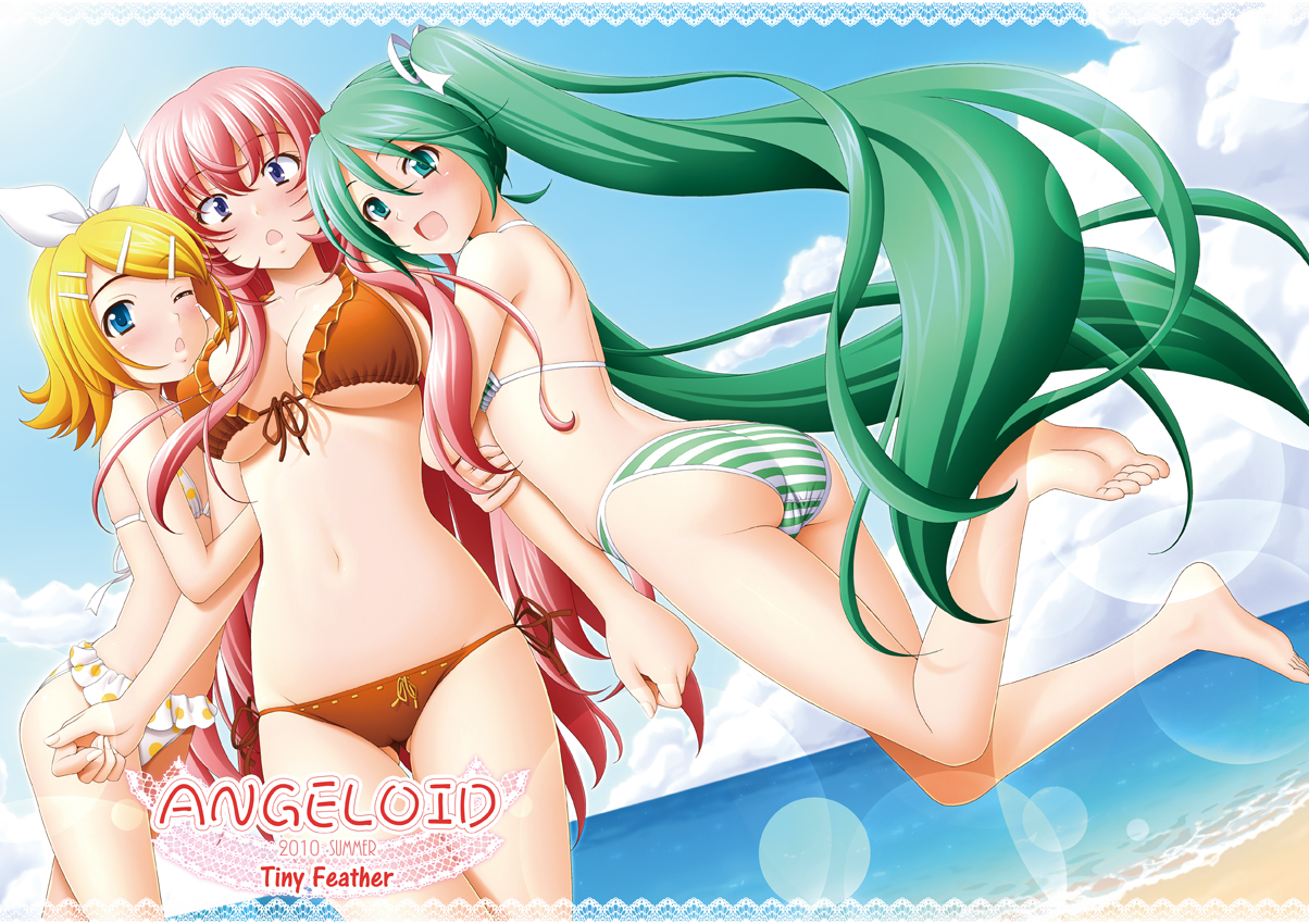 beach, bikini, blonde_hair, green_hair, hatsune_miku, kagamine_rin, megurine_luka, red_hair, sin-go, swimsuit, twintails, vocaloid