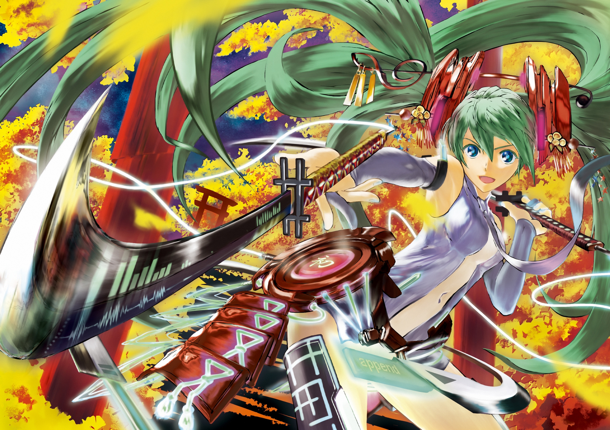 botbe, hatsune_miku, miku_append, sword, twintails, vocaloid, weapon