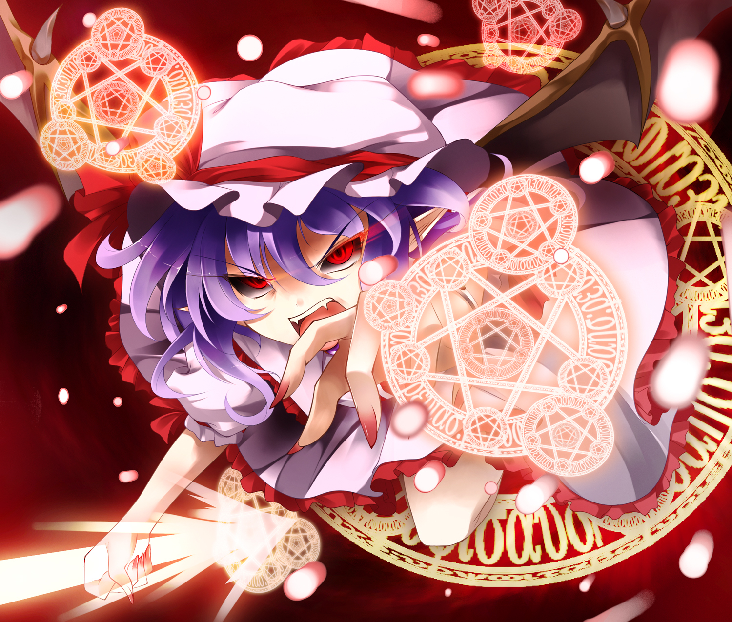 fang, fuyuno_taka, hat, magic, purple_hair, red_eyes, remilia_scarlet, touhou