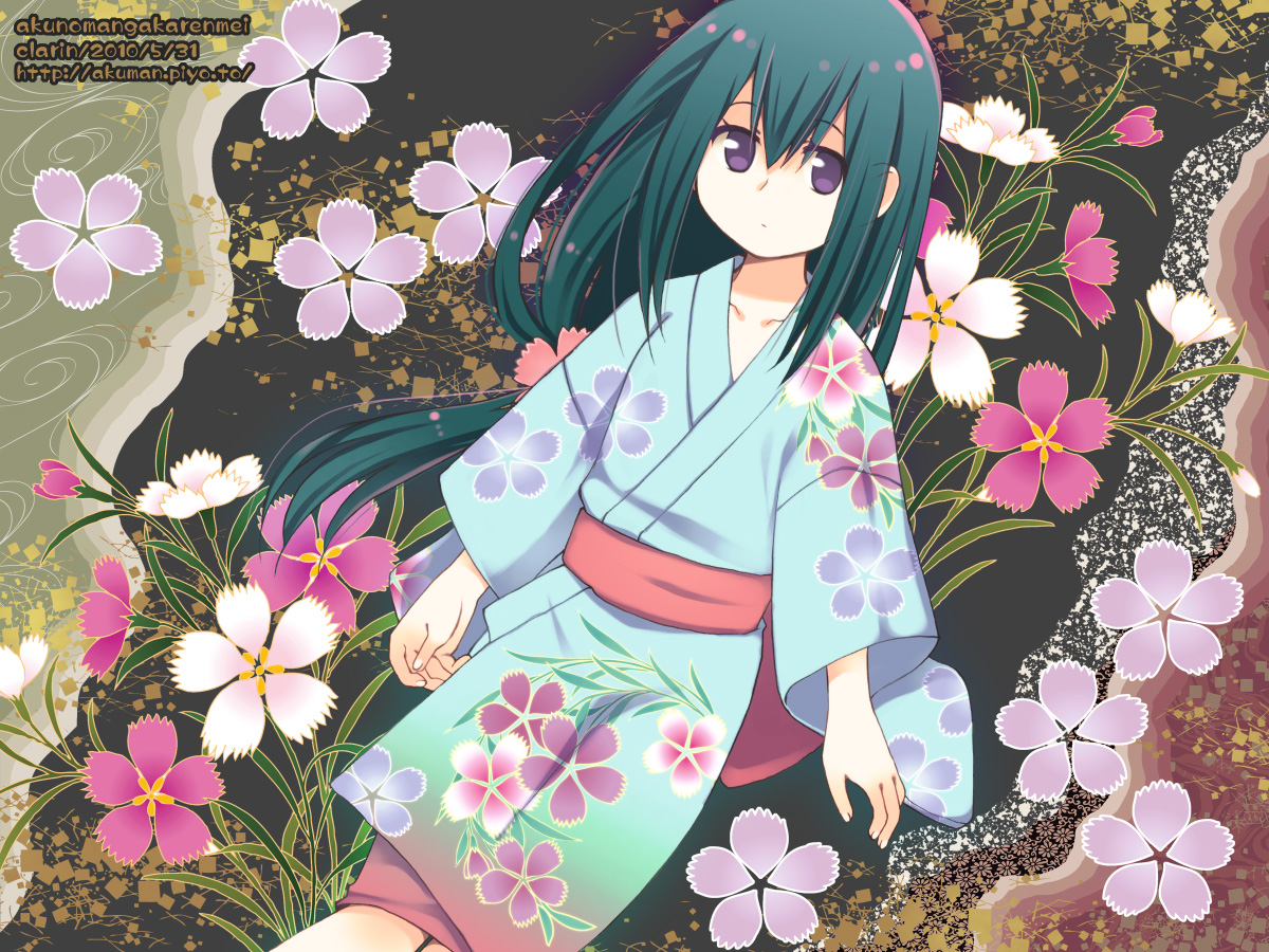 green_hair, japanese_clothes, katanagatari, long_hair, purple_eyes, yasuri_nanami, yukata