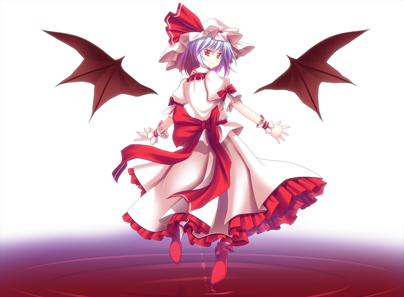 blue_hair, dress, hat, ina, red_eyes, remilia_scarlet, ribbons, touhou
