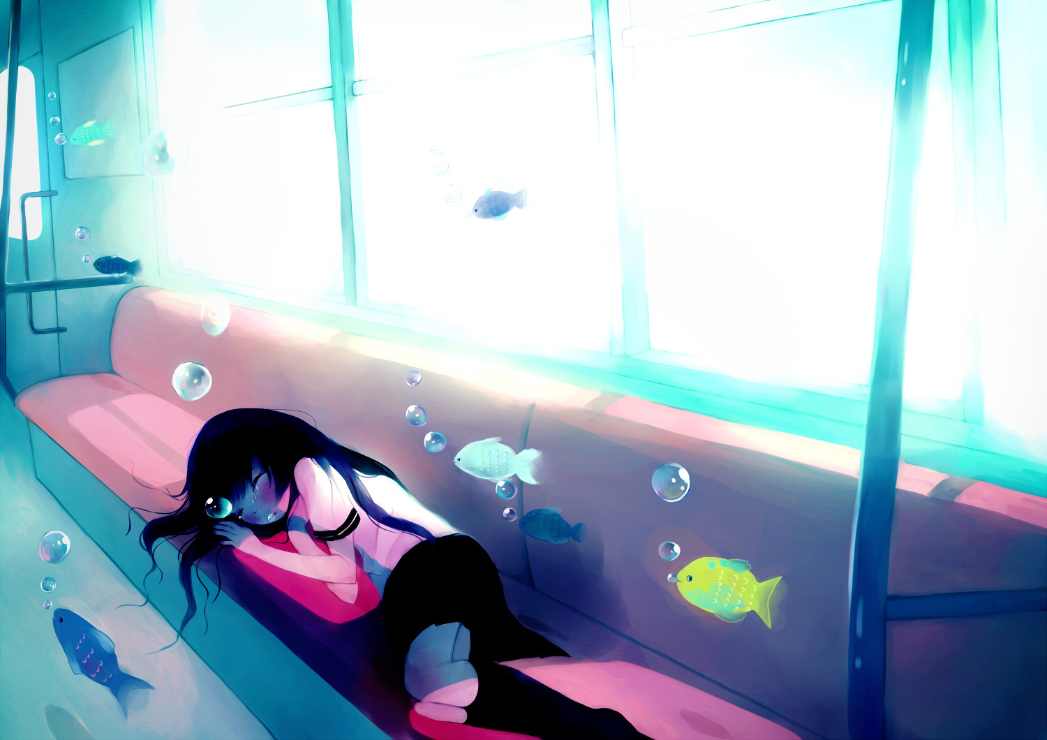 animal, black_hair, fish, school_uniform, tamayo