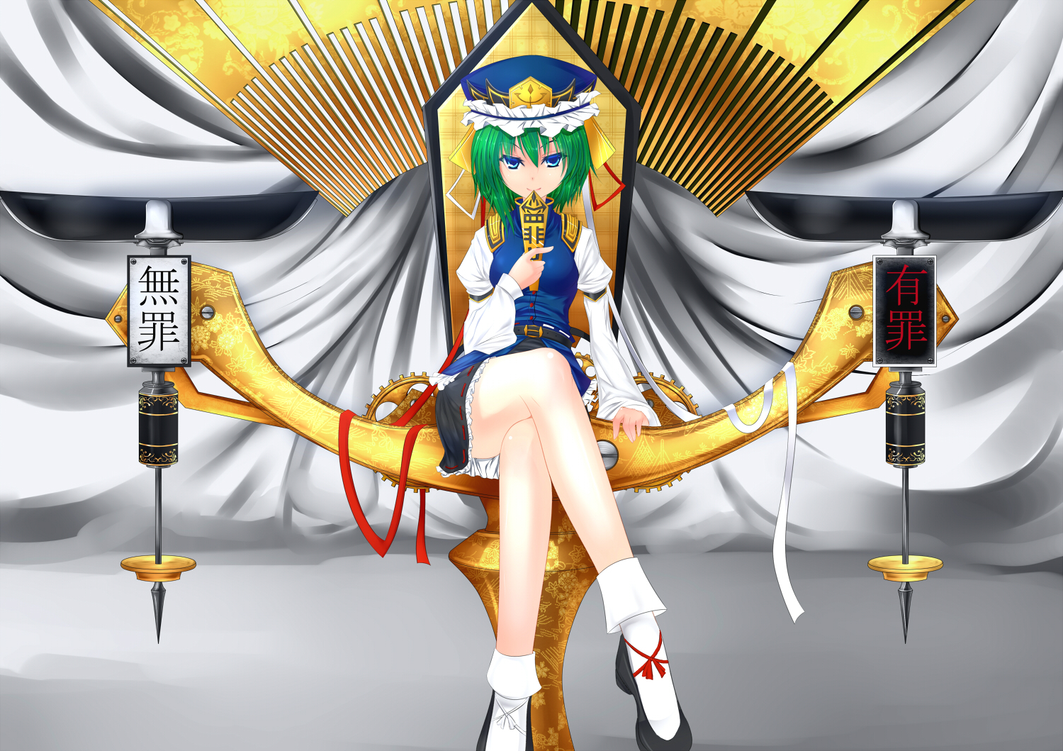 green_hair, hat, inu3, ribbons, shiki_eiki, short_hair, touhou