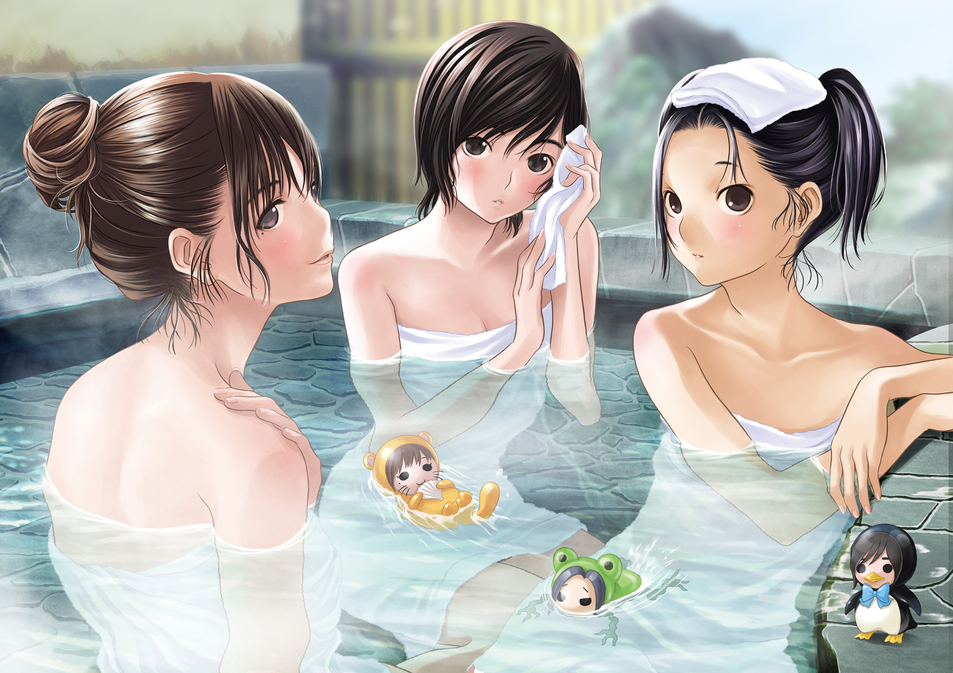 anegasaki_nene, bath, kobayakawa_rinko, love_plus, mino_taro, takane_manaka, towel, water