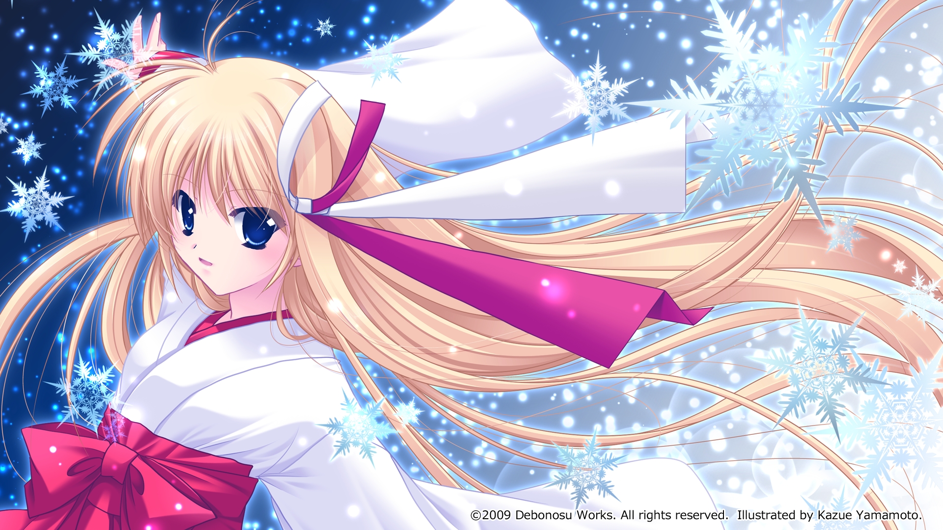 blonde_hair, blue_eyes, japanese_clothes, long_hair, miko, original, raidou_nazuna, snow, winter, yamamoto_kazue