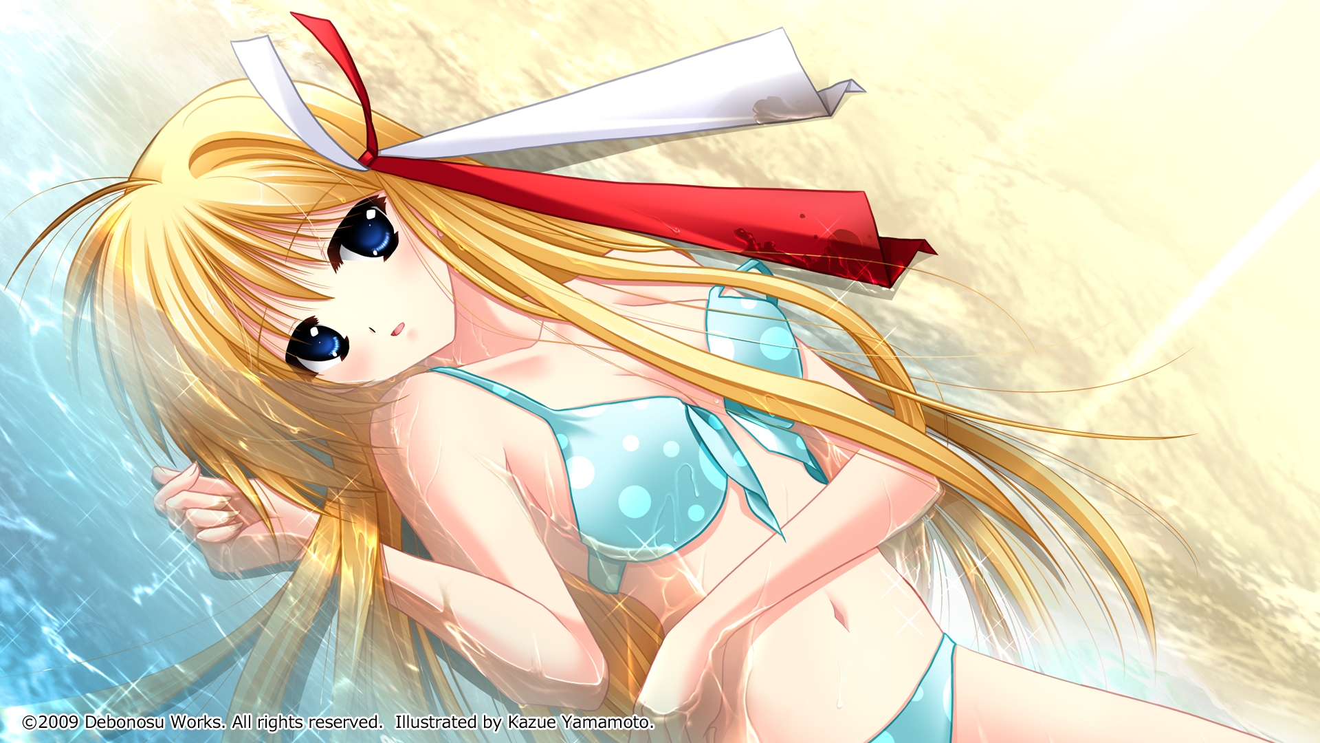 beach, bikini, blonde_hair, blue_eyes, long_hair, original, raidou_nazuna, summer, swimsuit, water, yamamoto_kazue