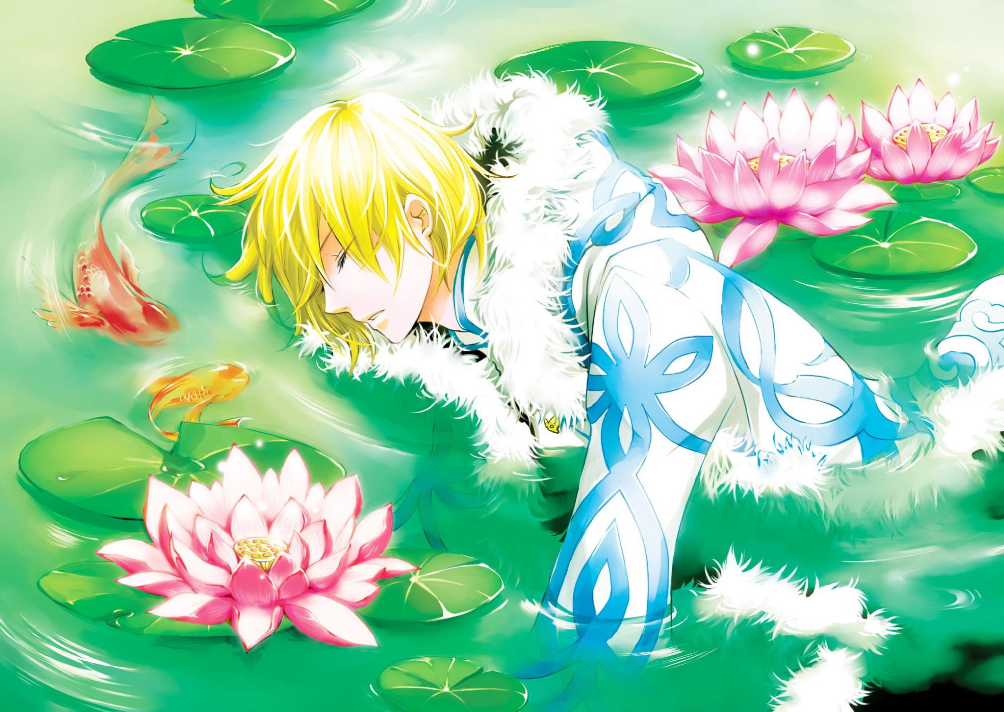 all_male, animal, blonde_hair, fay_d_flourite, fish, flowers, jpeg_artifacts, male