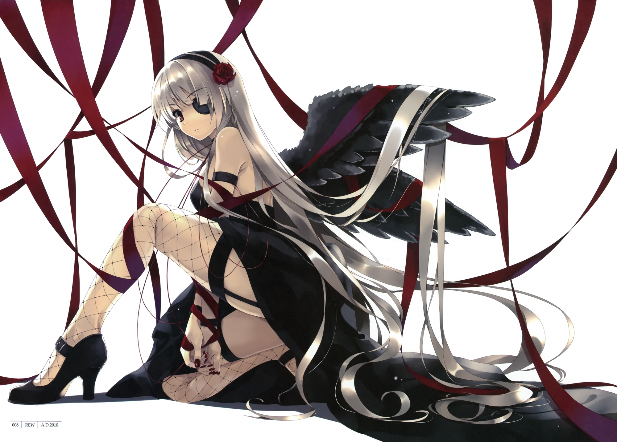 angel, cradle, eyepatch, misaki_kurehito, original, scan, white_hair, wings
