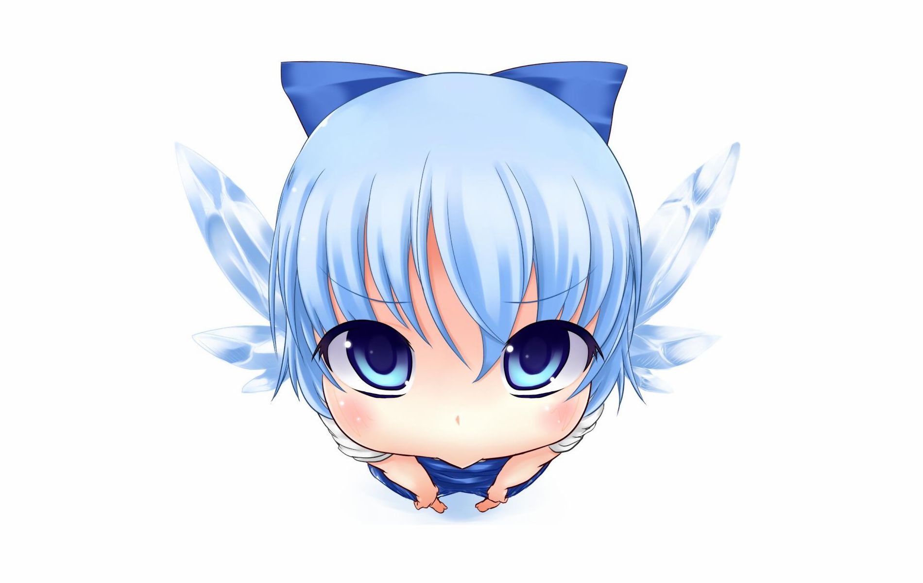 amau, blue_eyes, blue_hair, blush, bow, cirno, close, fairy, short_hair, touhou, white, wings