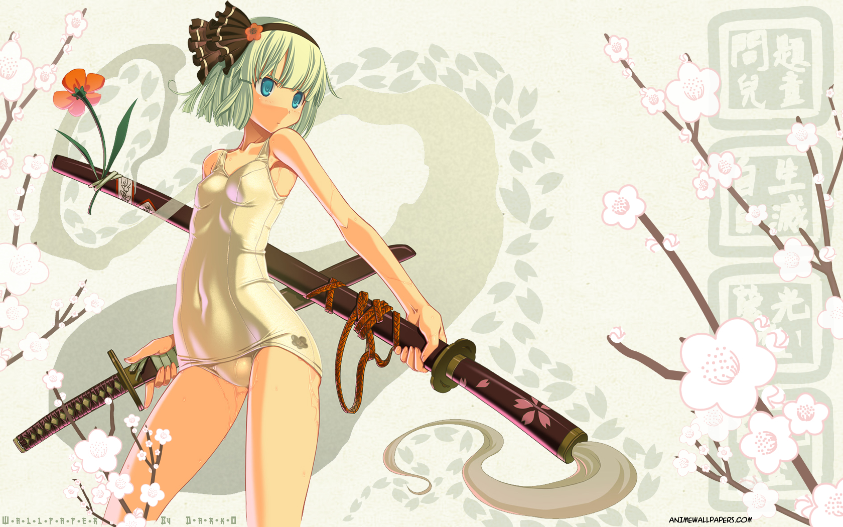 flowers, katana, konpaku_youmu, myon, sakuya_tsuitachi, school_swimsuit, skintight, swimsuit