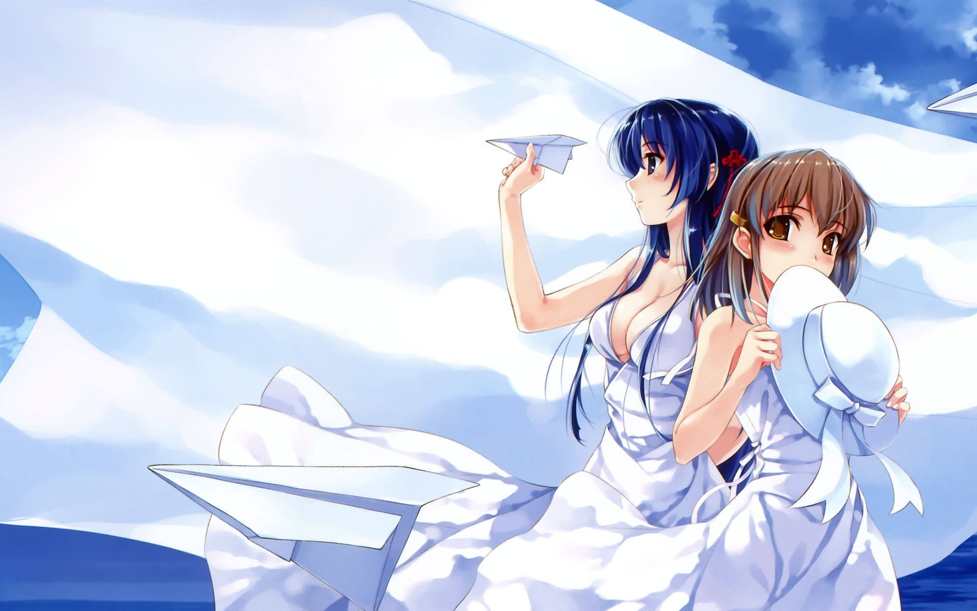 2girls, abhar, blue_eyes, blue_hair, blush, bow, breasts, brown_eyes