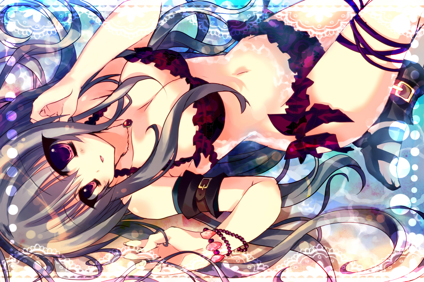 bikini, gray_hair, kiseri_momo, original, purple_eyes, swimsuit