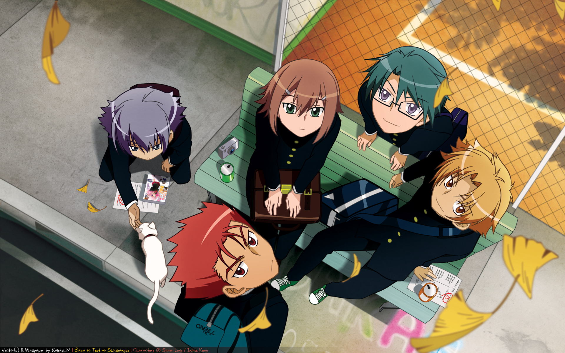 all_male, animal, baka_to_test_to_shoukanjuu, cat, glasses, kinoshita_hideyoshi, kubo_toshimitsu, male, sakamoto_yuuji, school_uniform, tsuchiya_kouta, watermark, yoshii_akihisa