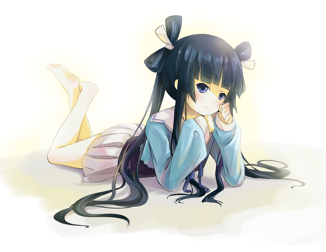 barefoot, black_hair, blue_eyes, blush, long_hair, ookami-san_to_shichinin_no_nakama-tachi, ryuuguu_otohime, school_uniform