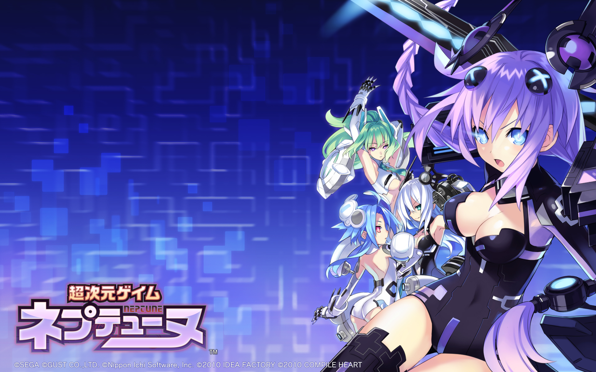 aqua_eyes, black_heart, blanc, blue_hair, breasts, cleavage, gloves, green_hair