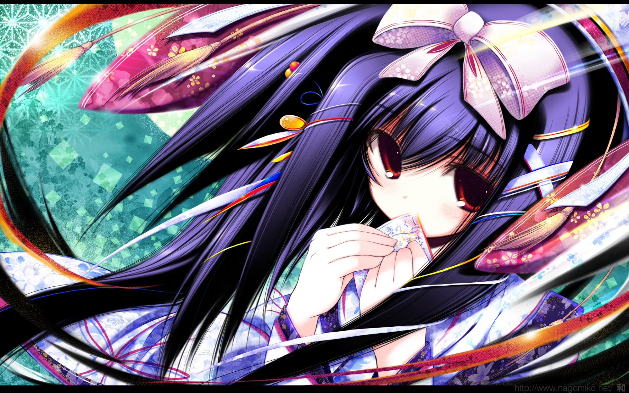 japanese_clothes, miko, nagomi, purple_hair, red_eyes, ribbons, tenmu_shinryuusai