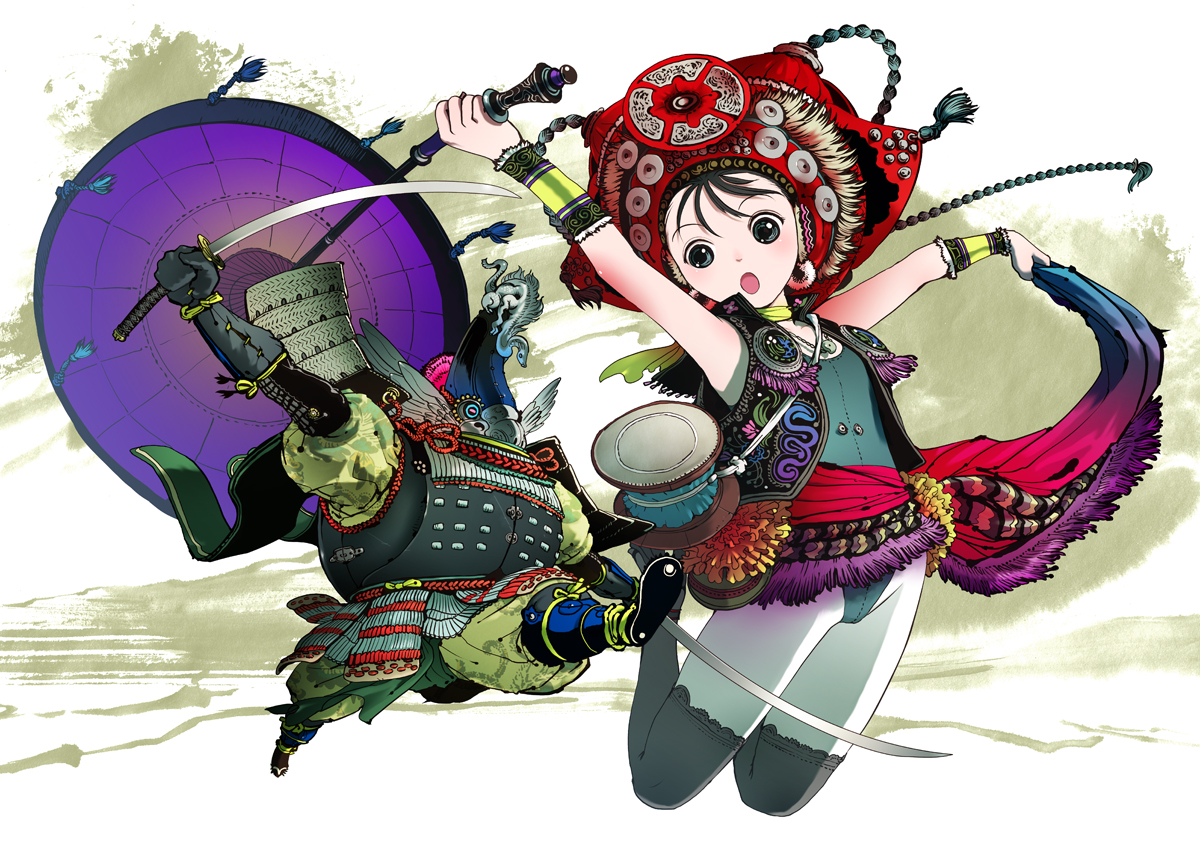 armor, black_hair, blue_eyes, katana, nagasawa_shin, original, sword, thighhighs, weapon