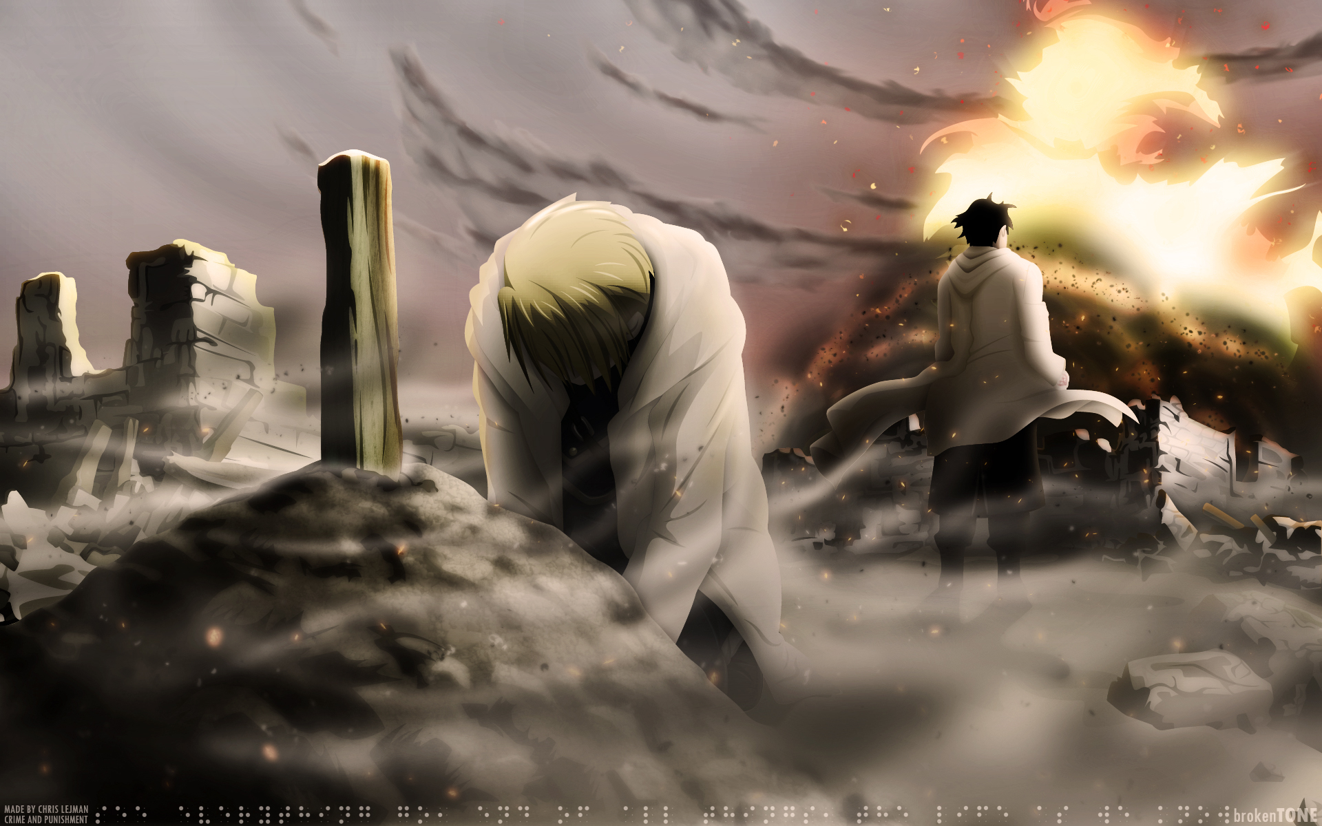black_hair, blonde_hair, fire, fullmetal_alchemist, riza_hawkeye, roy_mustang, short_hair, watermark