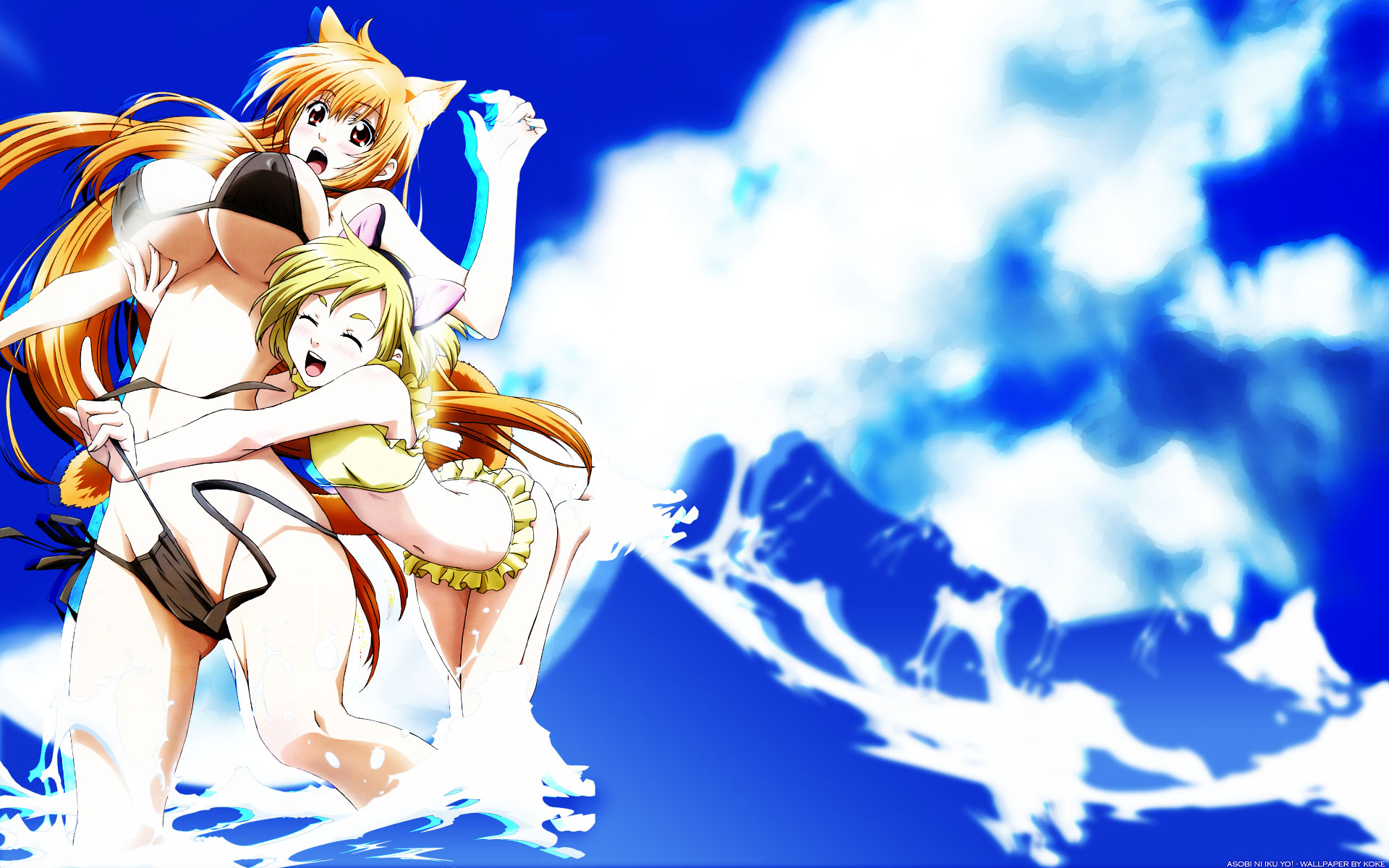 animal_ears, asobi_ni_iku_yo!, bikini, breasts, clouds, eris_(asobi_ni_iku_yo!), swimsuit, water