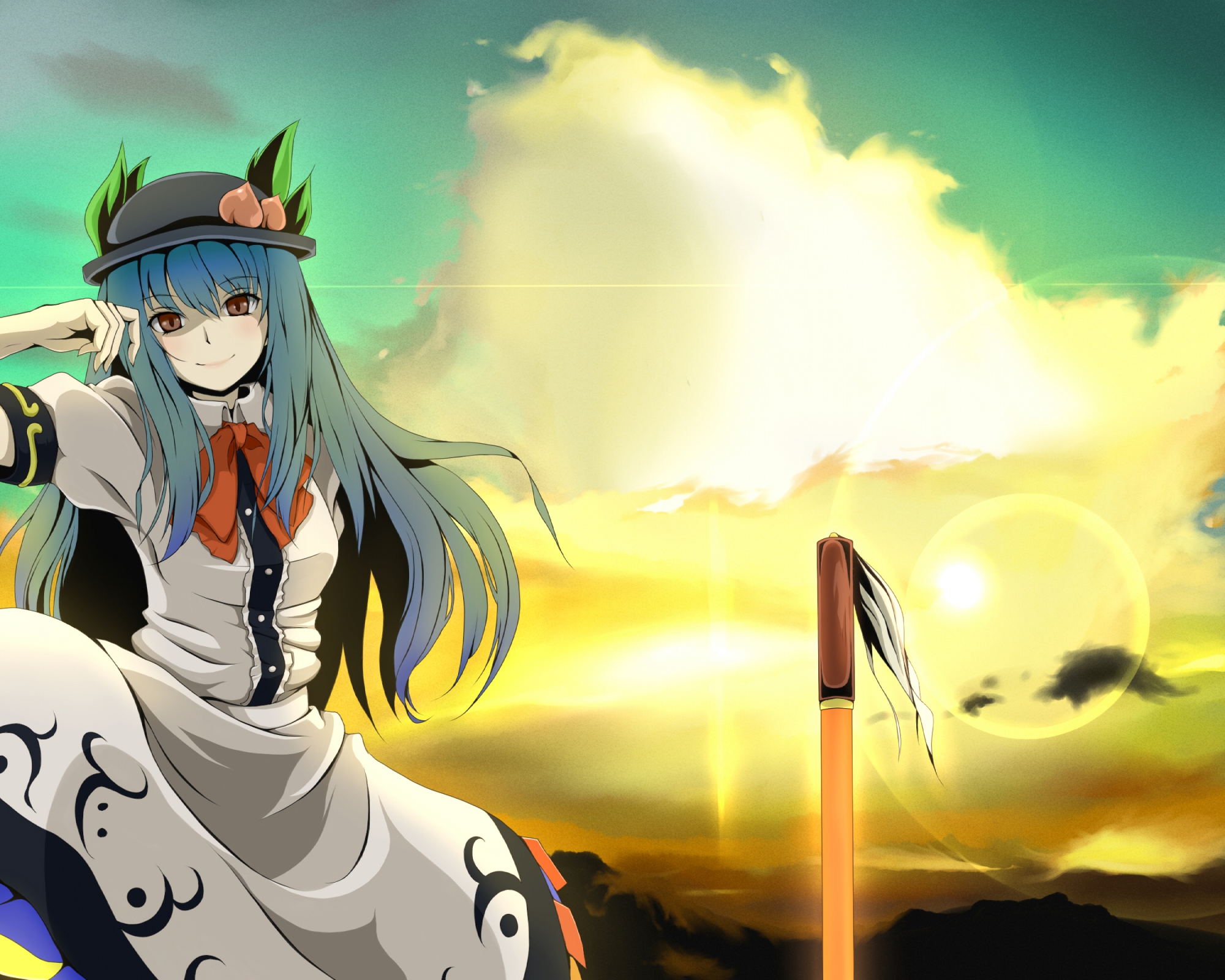 blue_hair, dress, hat, hinanawi_tenshi, long_hair, shirawaki, touhou