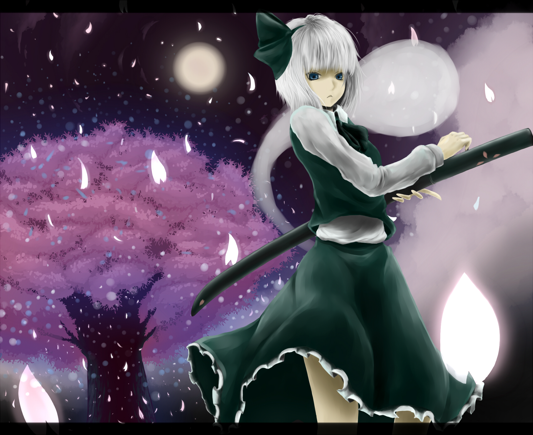 blue_eyes, cherry_blossoms, dress, flowers, headdress, katana, konpaku_youmu, moon, myon, ribbons, shirawaki, sword, touhou, tree, weapon, white_hair
