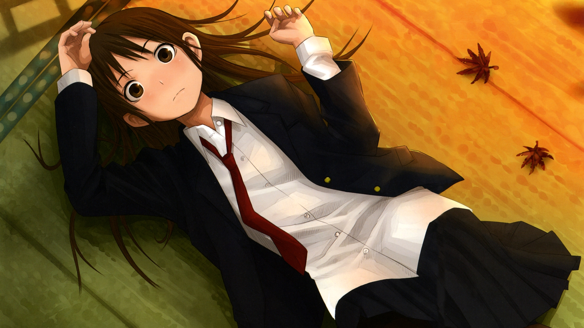 brown_eyes, brown_hair, leaves, long_hair, okiru, school_uniform, skirt, tagme