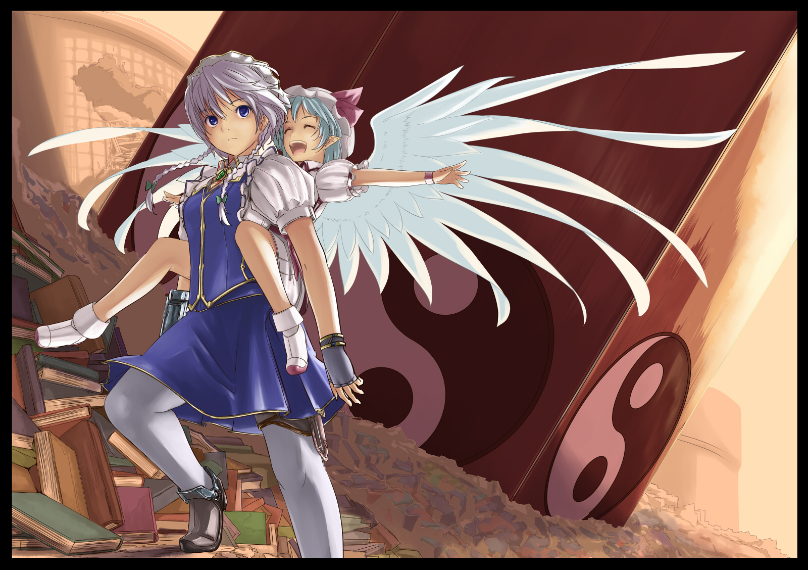2girls, blue_eyes, book, braids, gray_hair, gustav_(telomere_na), hat, izayoi_sakuya