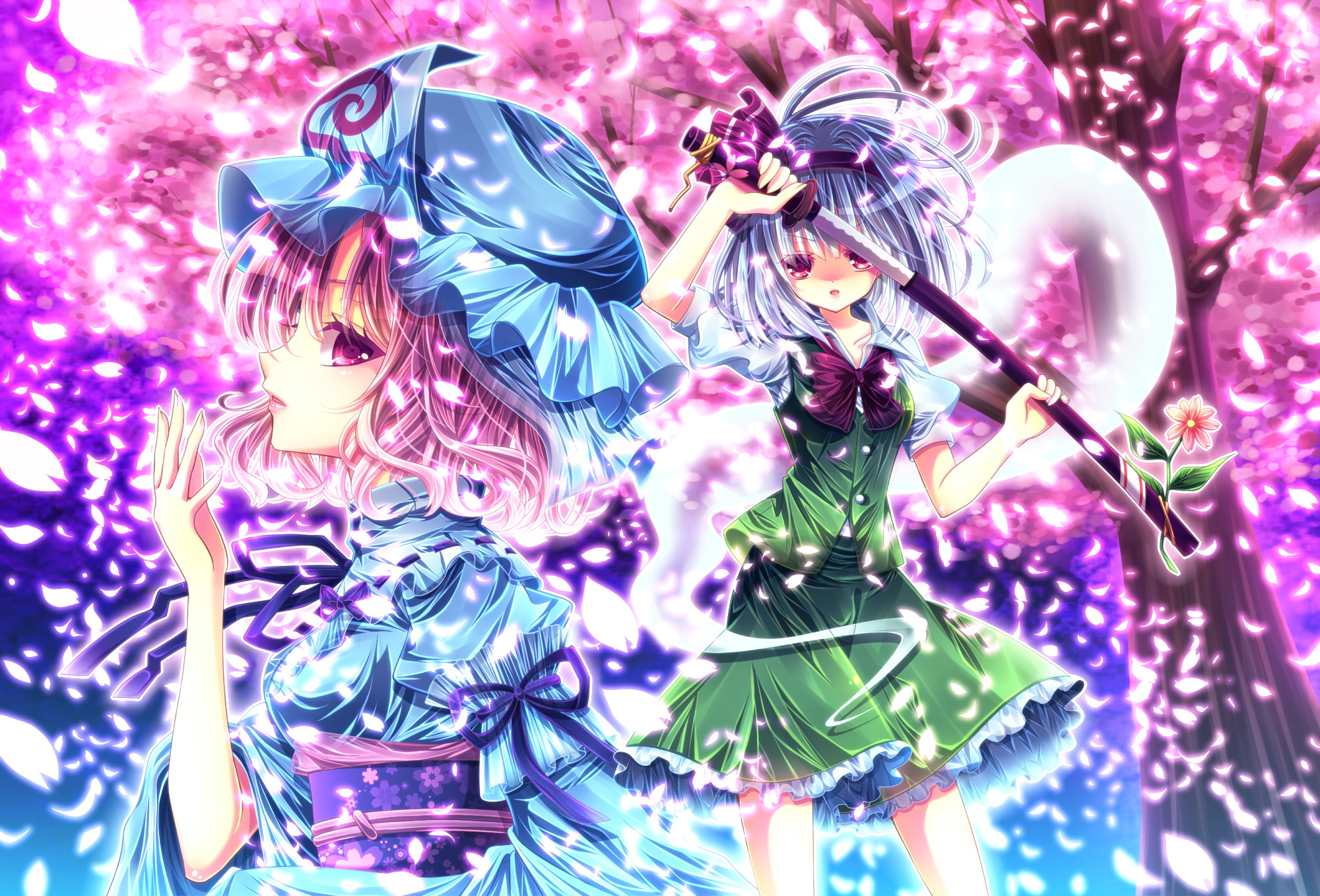 2girls, cherry_blossoms, dress, flowers, hat, japanese_clothes, katana, konpaku_youmu, momomiya_mion, myon, pink_eyes, pink_hair, saigyouji_yuyuko, short_hair, sword, touhou, weapon, white_hair
