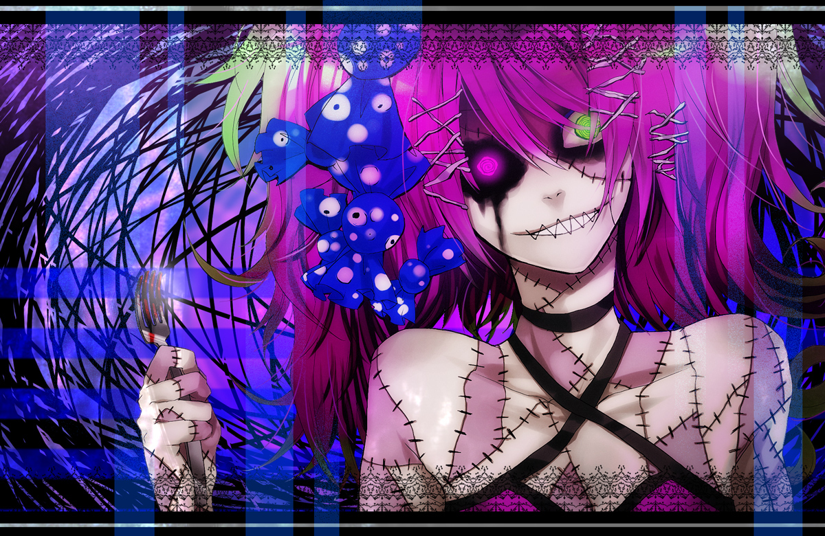 bicolored_eyes, blood, bow, candy_addict_full_course_(vocaloid), fang, hatsune_miku, purple_hair, scar, sumi_(38page), twintails, vocaloid