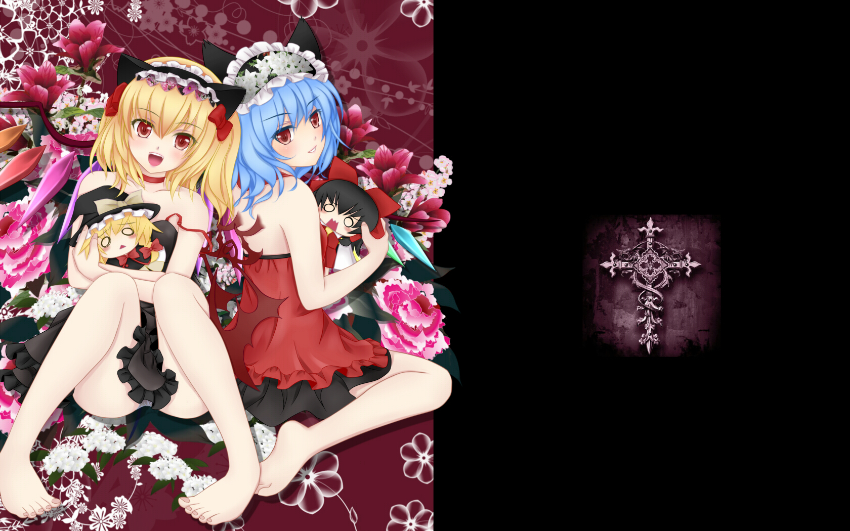 2girls, animal_ears, barefoot, blush, catgirl, choker, cross, doll, flandre_scarlet, hakurei_reimu, japanese_clothes, kirisame_marisa, miko, nekokotei, no_bra, panties, remilia_scarlet, touhou, underwear, vampire, witch