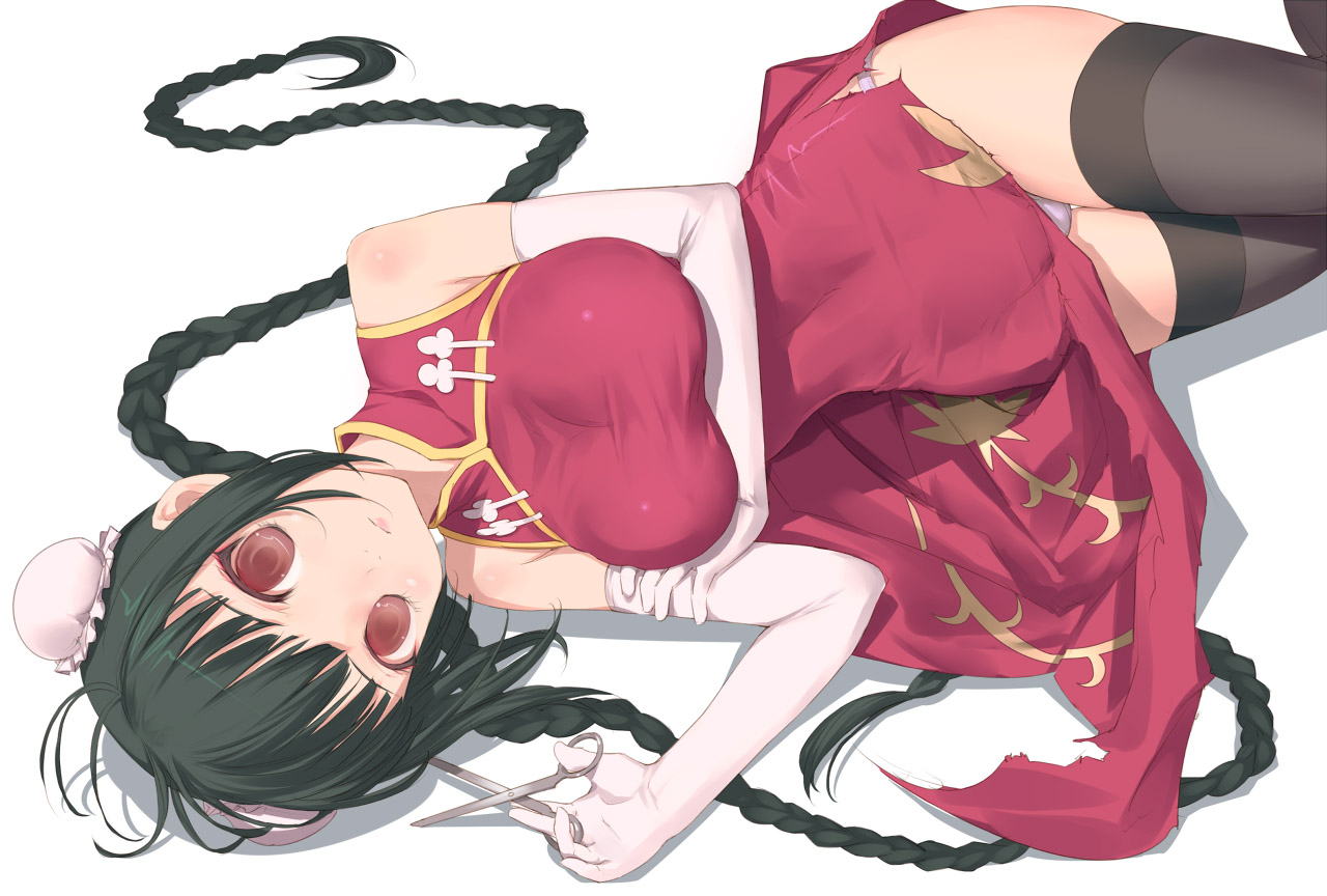 black_hair, braids, breast_hold, breasts, chinese_clothes, chinese_dress, dress, mobile_suit_gundam
