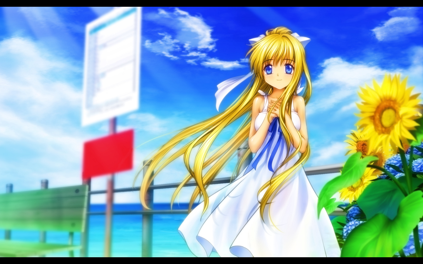air, blonde_hair, blue_eyes, dress, duplicate, flowers, kamio_misuzu, long_hair