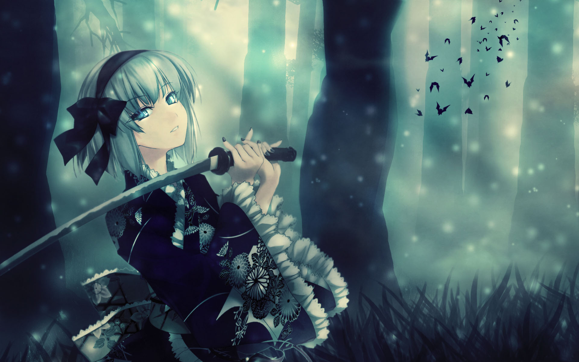 animal, bat, blue_eyes, forest, headband, japanese_clothes, jpeg_artifacts, katana, kimono, konpaku_youmu, rokuwata_tomoe, short_hair, sword, touhou, tree, weapon, white_hair