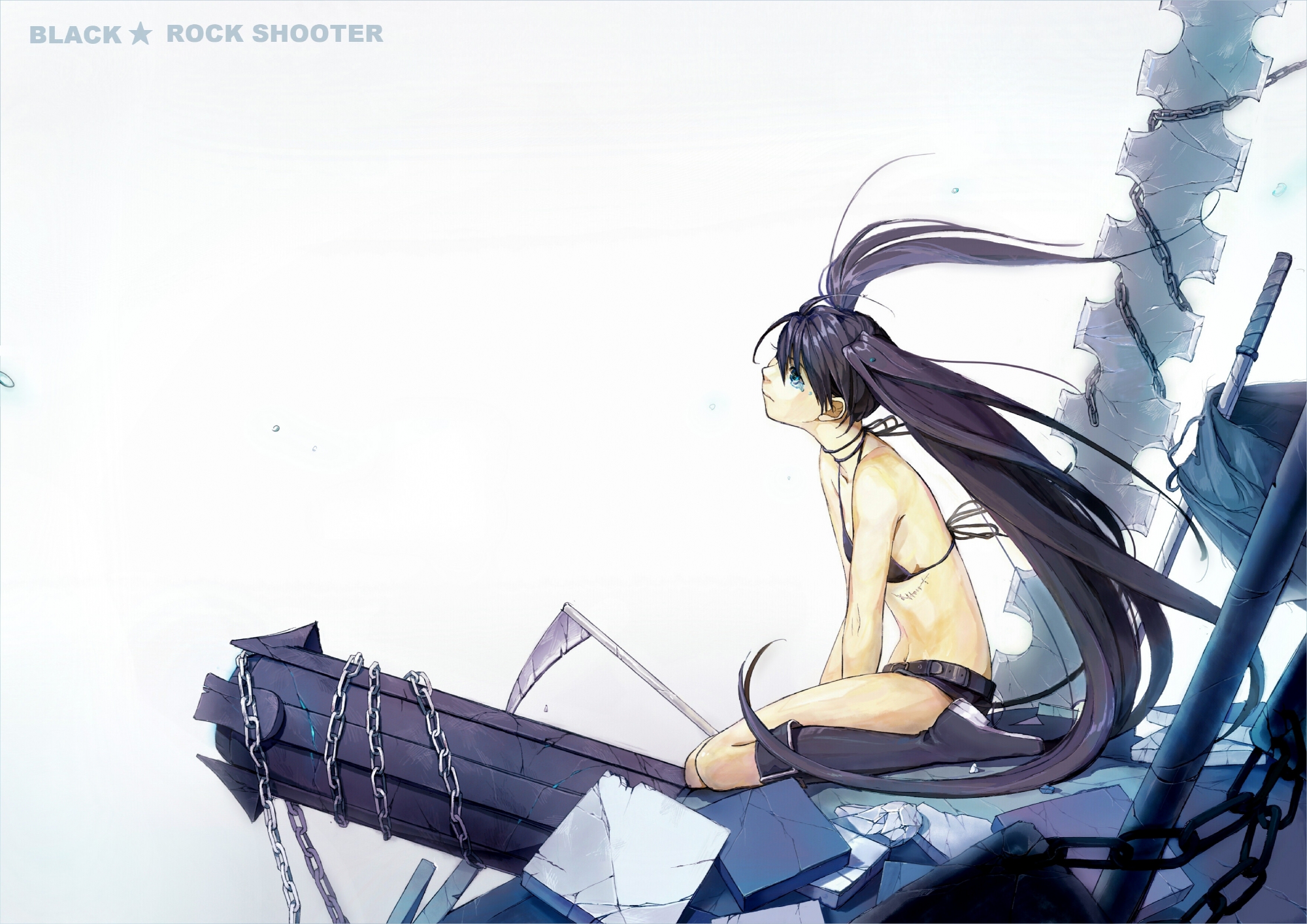 black_rock_shooter, chain, gun, kawai_makoto, kuroi_mato, long_hair, twintails, weapon